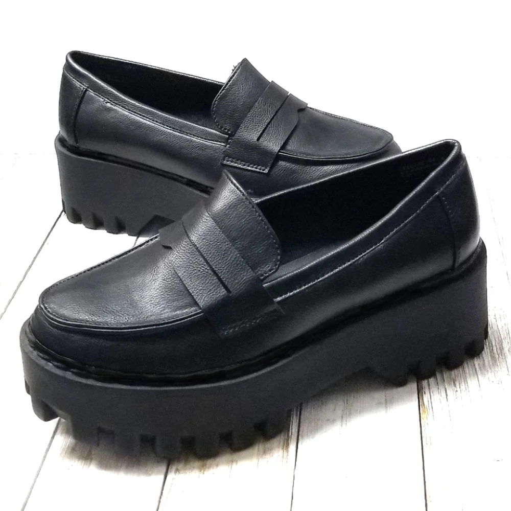 New Black Platform Slip On Chunky Penny Loafers - Picture 2 of 4